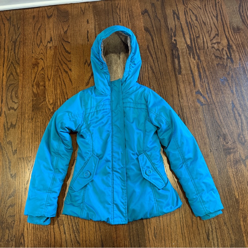Lands’ End winter jacket size 7/8 teal blue ski snow faux fur lined hooded kids